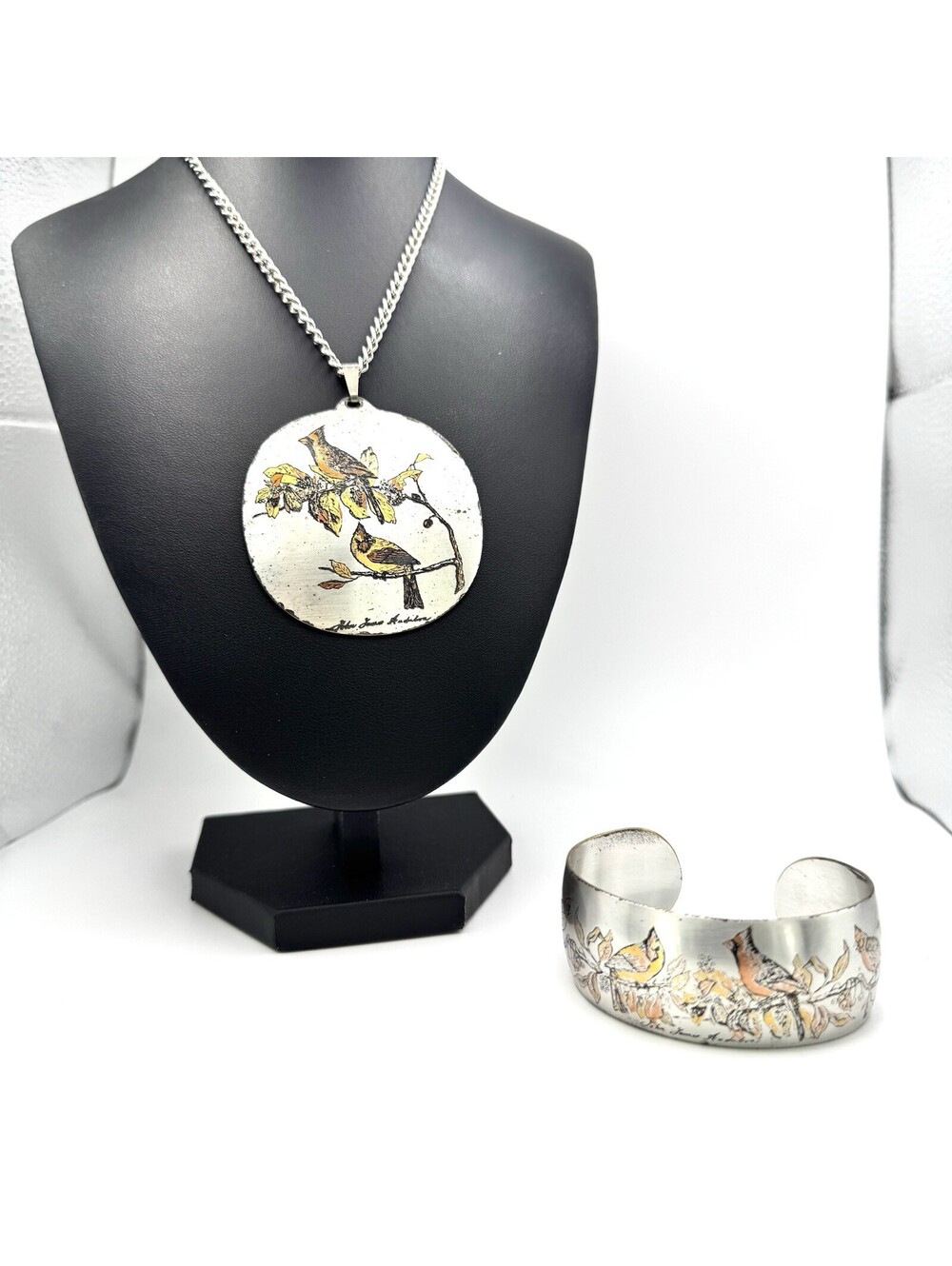 VTG Reed & Barton Damascene Pendant Necklace & Cuff Bracelet Set Birds Nature